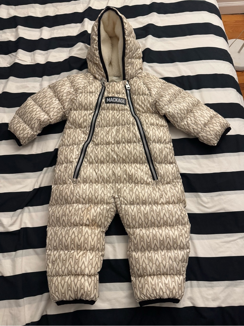 Mackage Beige Logo-Print Kids One-Piece Snowsuit With Black Trim